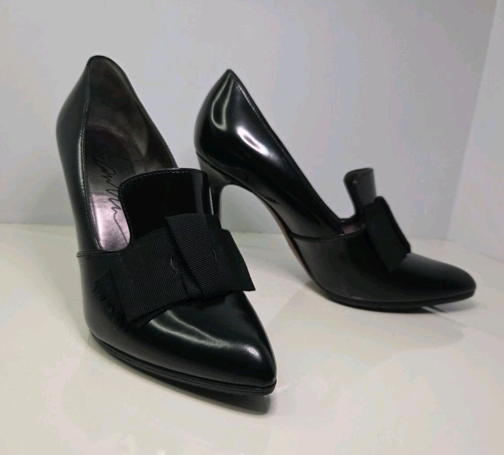 Lanvin Luxury Black Patent Leather Pumps Satin Ribbon Details EU 37.5 NWOB